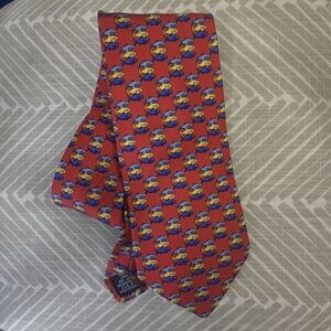 Lands End 100% Silk Tie Red Novelty Fish Handsewn In USA